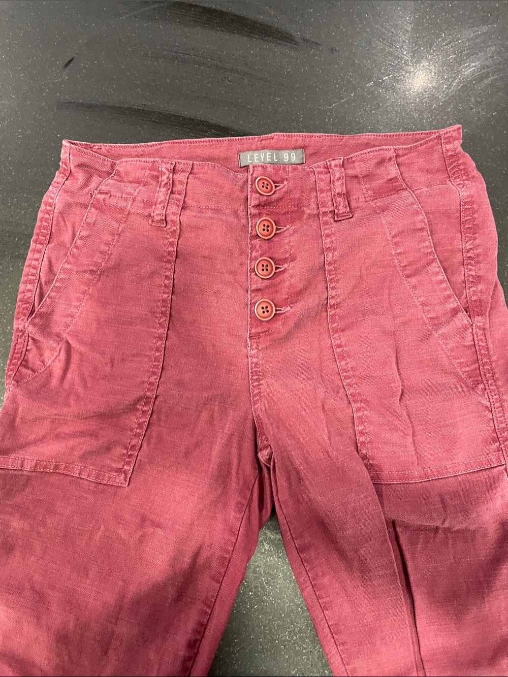Level 99 Burgundy Button Fly Linen Blend Straight Leg Pant - Size 26